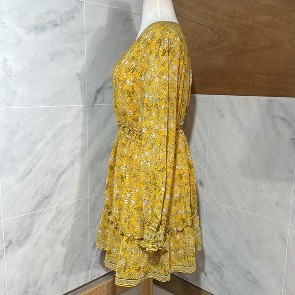 Max Studio Floral Mini Dress Yellow Chiffon Long Sleeve Ruffles V-Neck size L - Picture 2 of 10